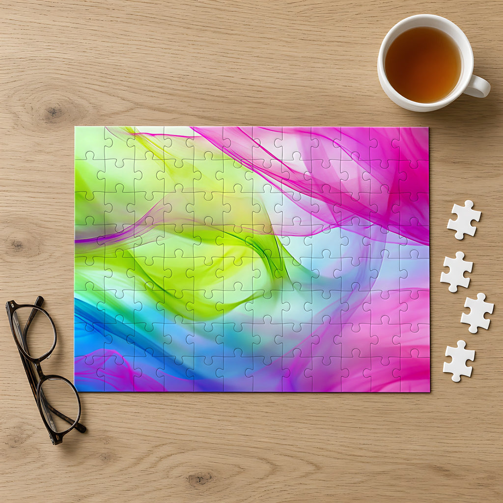 Silk Smoke Waves Jigsaw Puzzle with Tin completed on a light oak table with a cup of tea