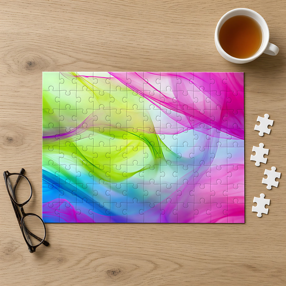 Silk Smoke Waves Jigsaw Puzzle with Tin completed on a light oak table with a cup of tea