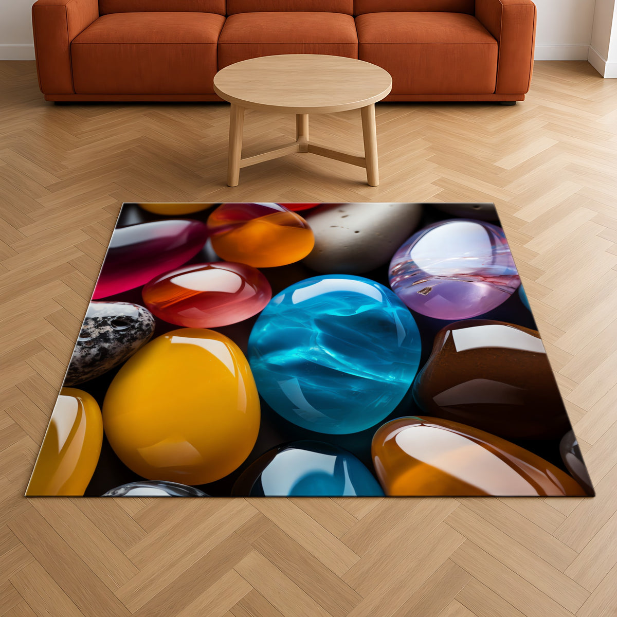 Jewel Pebbles Outdoor Rug on a herringbone wood floor in a living room