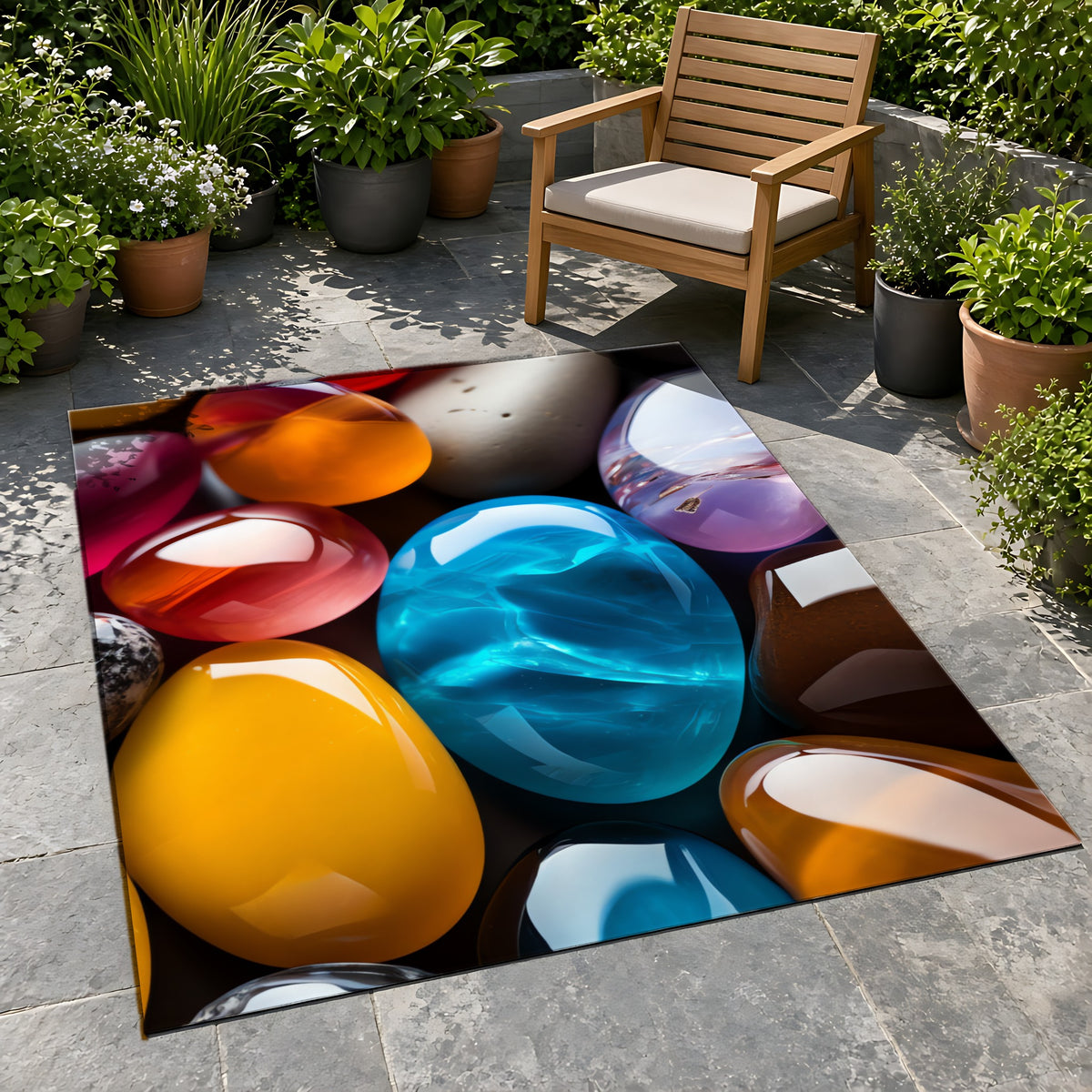 Jewel Pebbles Outdoor Rug on a stone patio with potted plants