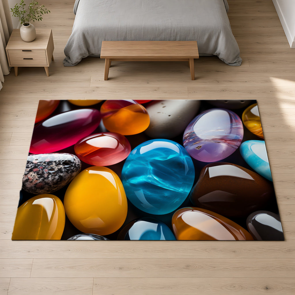 Jewel Pebbles Outdoor Rug on a pale oak floor in a calm bedroom