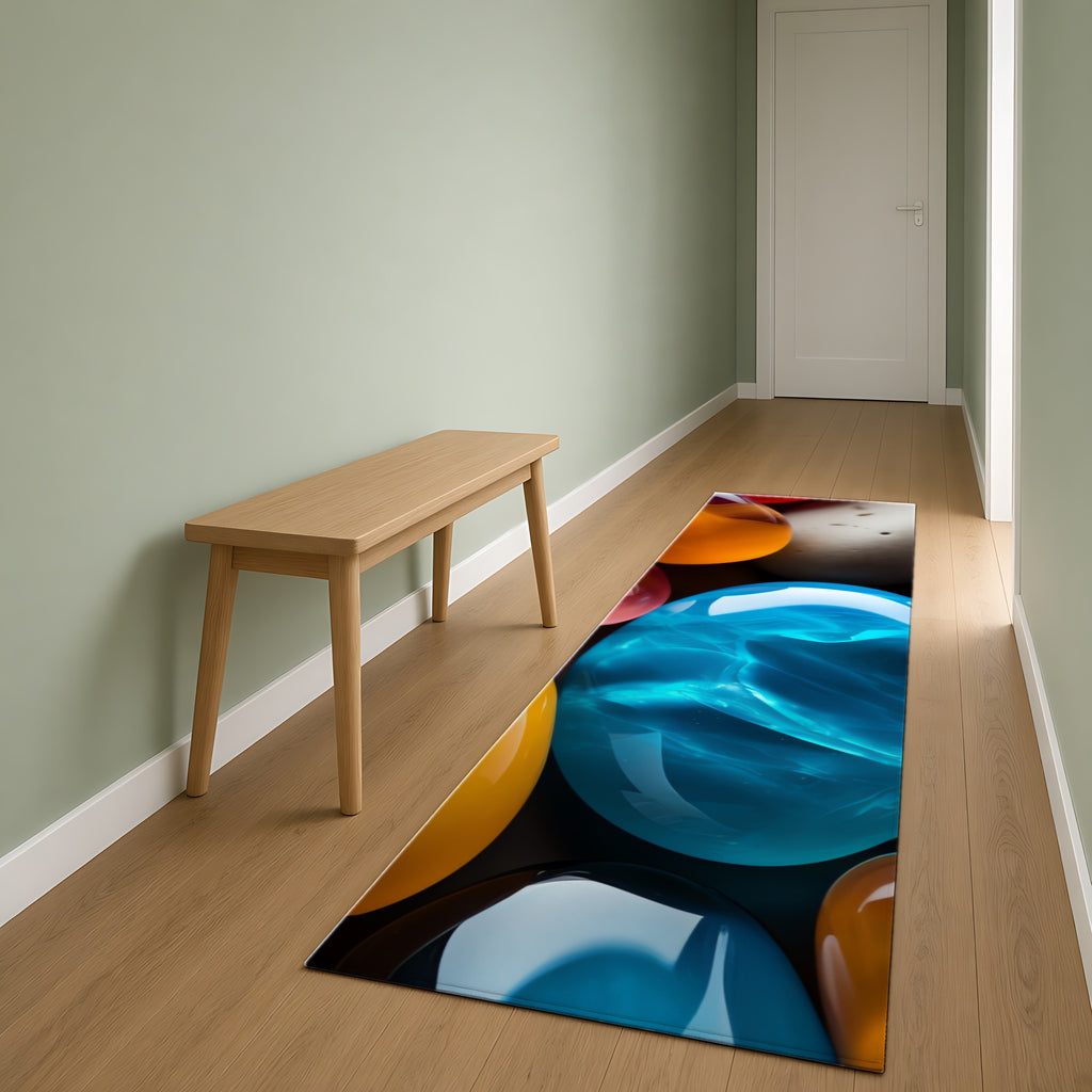 Jewel Pebbles Outdoor Rug as a runner in a sage-green hallway