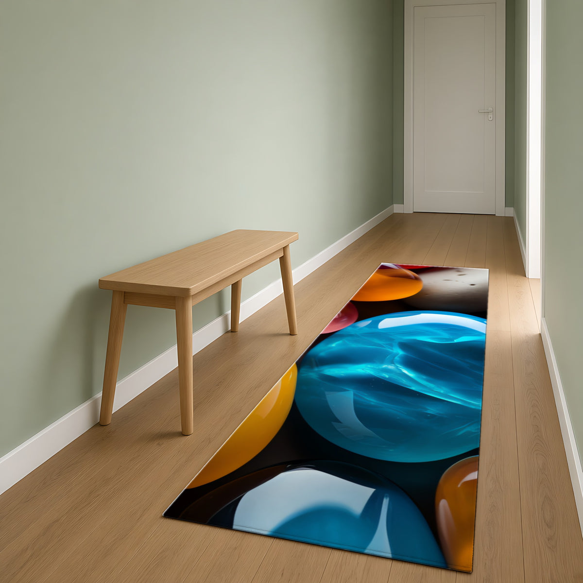 Jewel Pebbles Outdoor Rug as a runner in a sage-green hallway