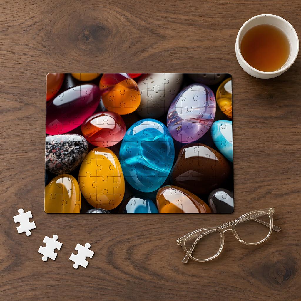 Jewel Pebbles Jigsaw Puzzle with Tin completed on a walnut table