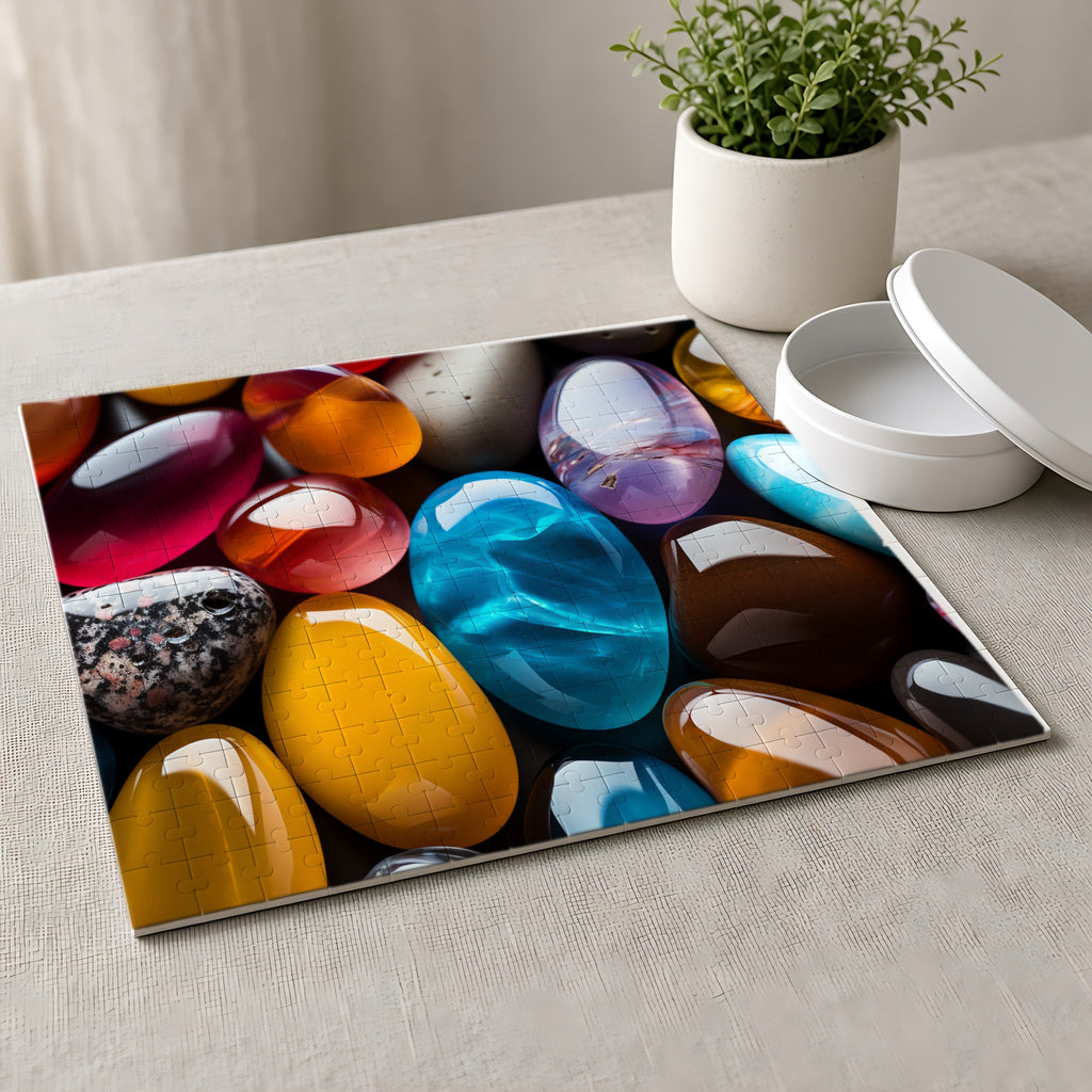 Jewel Pebbles Jigsaw Puzzle with Tin completed on a linen tablecloth