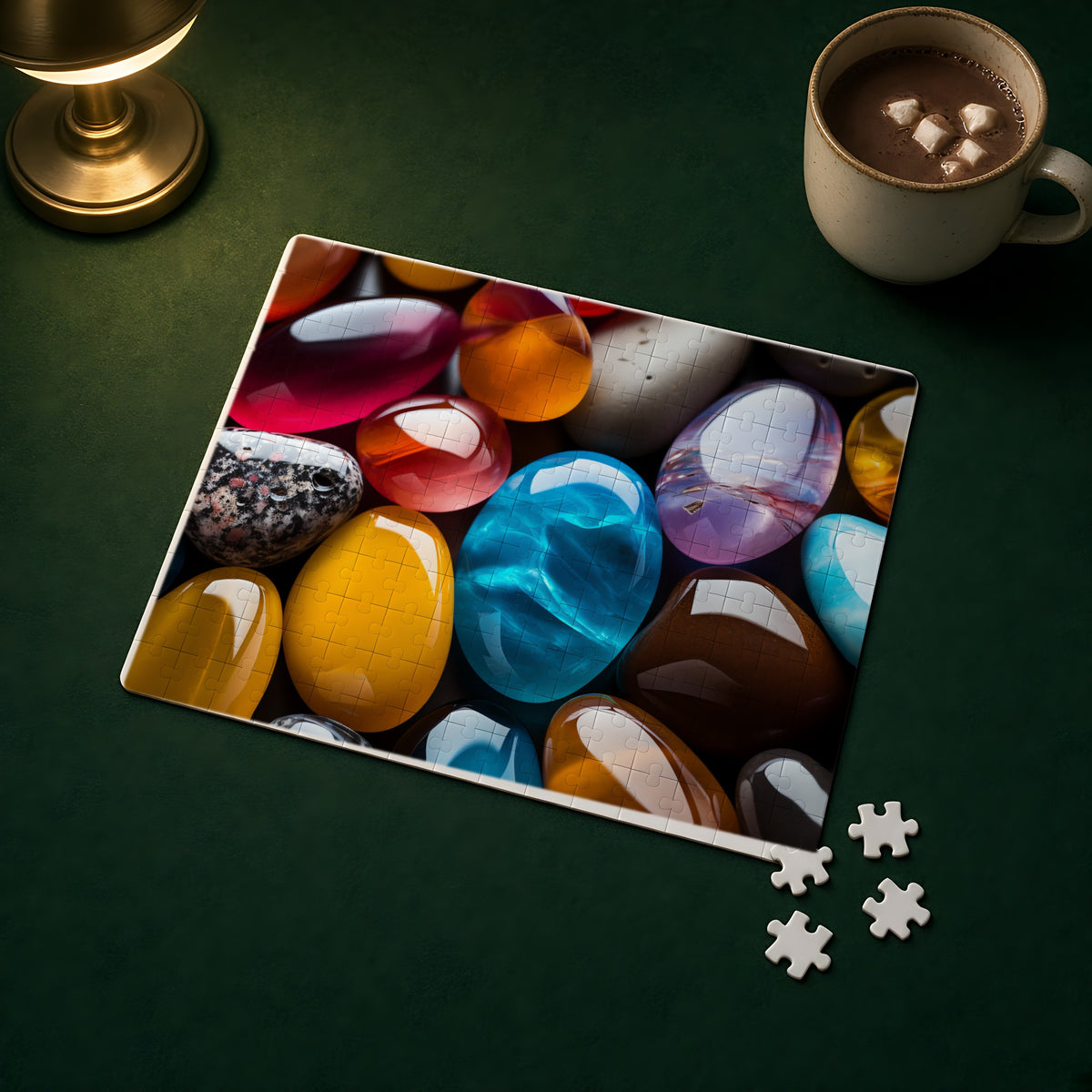Jewel Pebbles Jigsaw Puzzle with Tin completed on a green games table