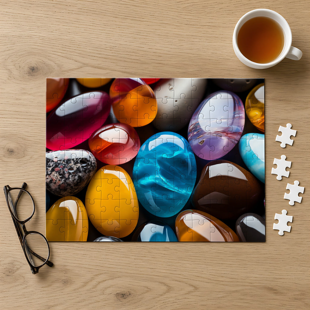 Jewel Pebbles Jigsaw Puzzle with Tin completed on a light oak table with a cup of tea