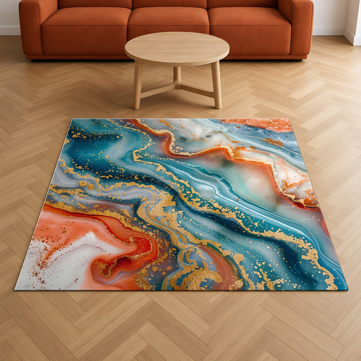 Molten Marble Outdoor Rug on a herringbone wood floor in a living room