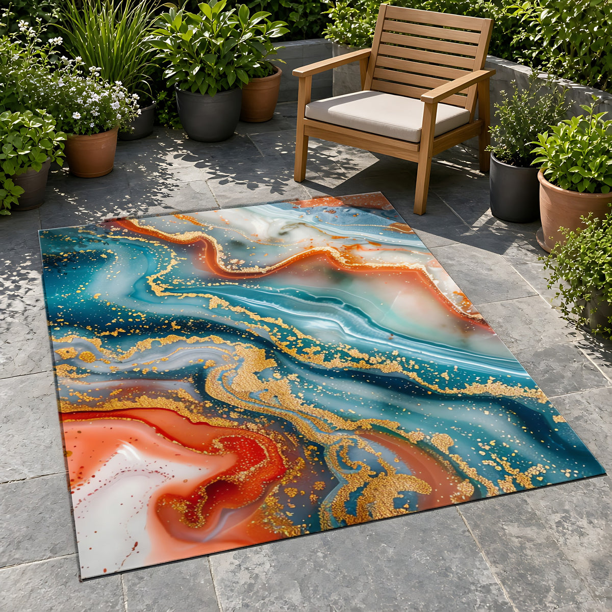 Molten Marble Outdoor Rug on a stone patio with potted plants