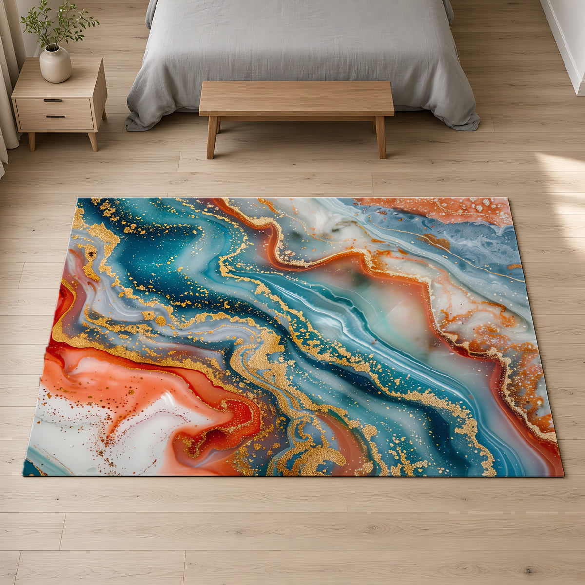 Molten Marble Outdoor Rug on a pale oak floor in a calm bedroom