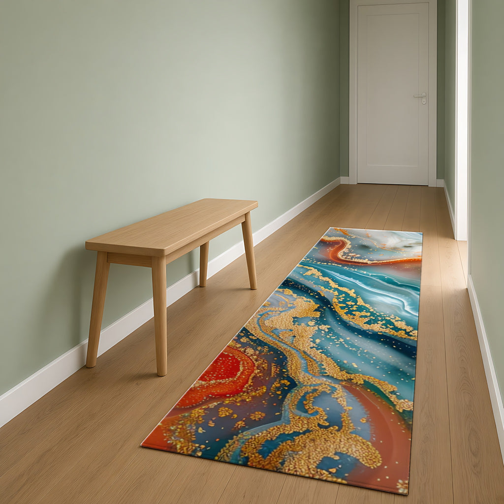 Molten Marble Outdoor Rug as a runner in a sage-green hallway