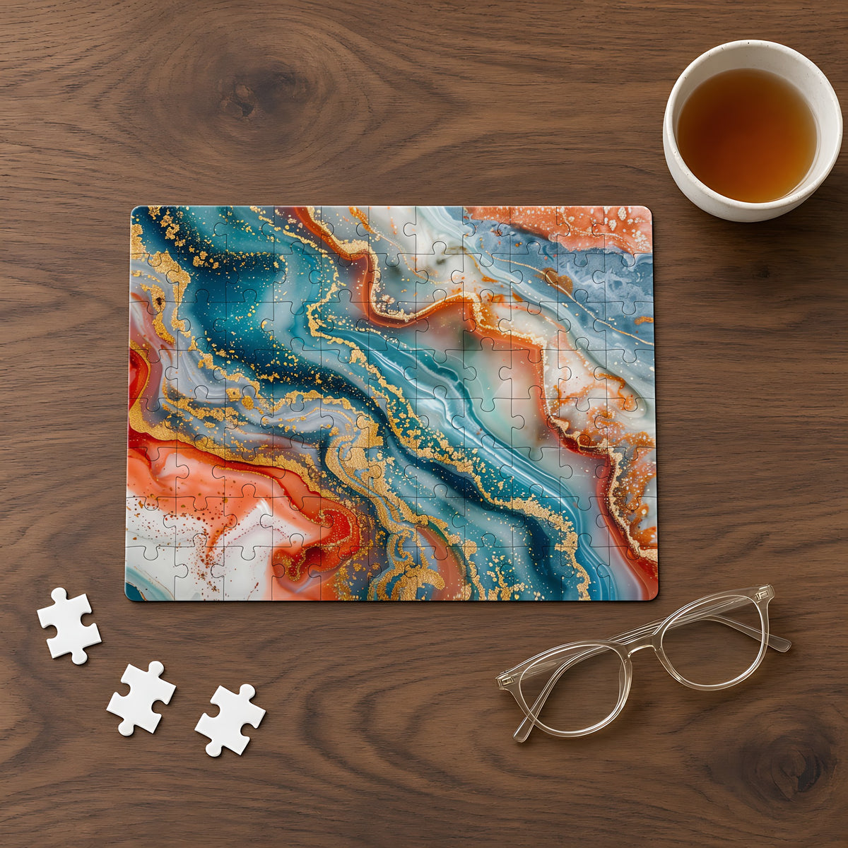 Molten Marble Jigsaw Puzzle with Tin completed on a walnut table