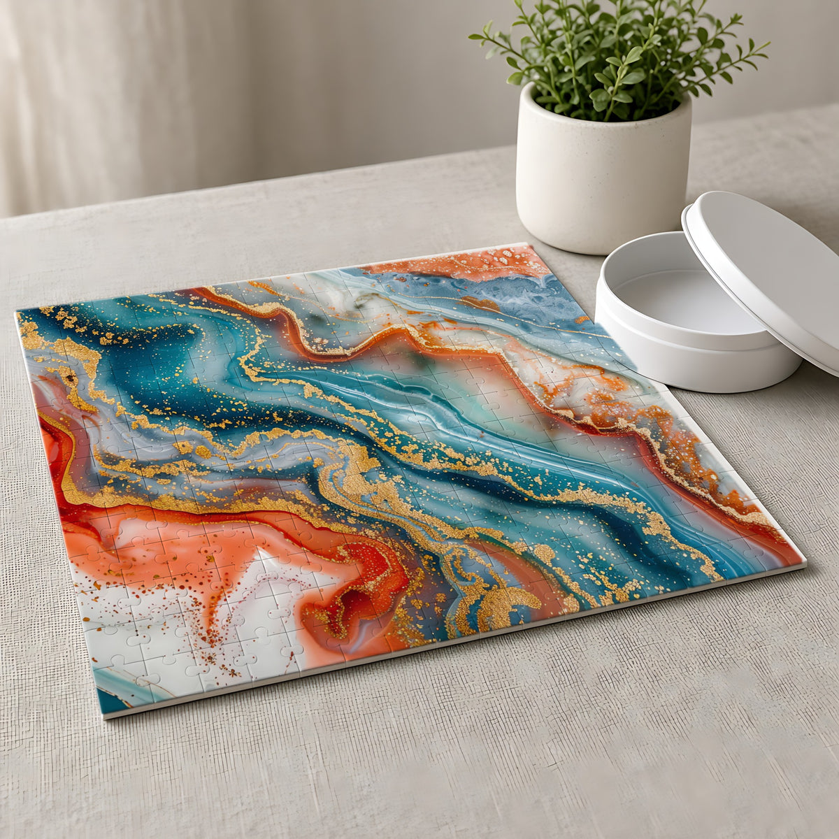 Molten Marble Jigsaw Puzzle with Tin completed on a linen tablecloth