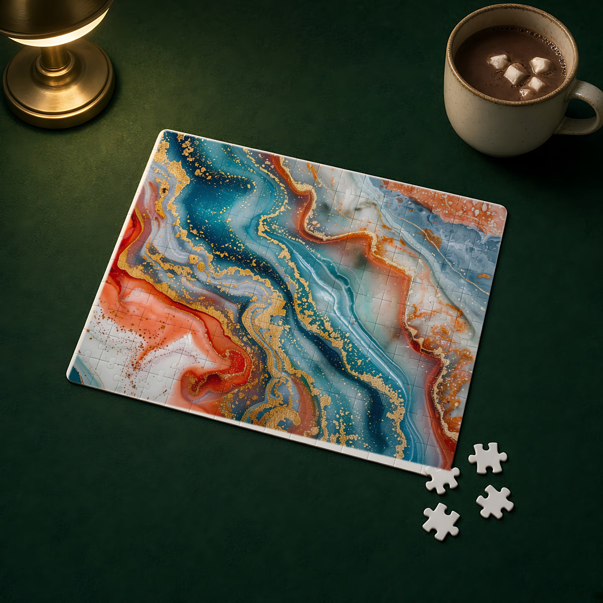 Molten Marble Jigsaw Puzzle with Tin completed on a green games table
