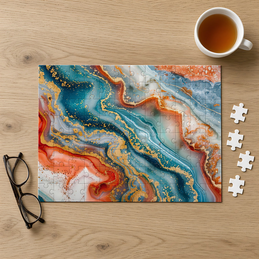 Molten Marble Jigsaw Puzzle with Tin completed on a light oak table with a cup of tea