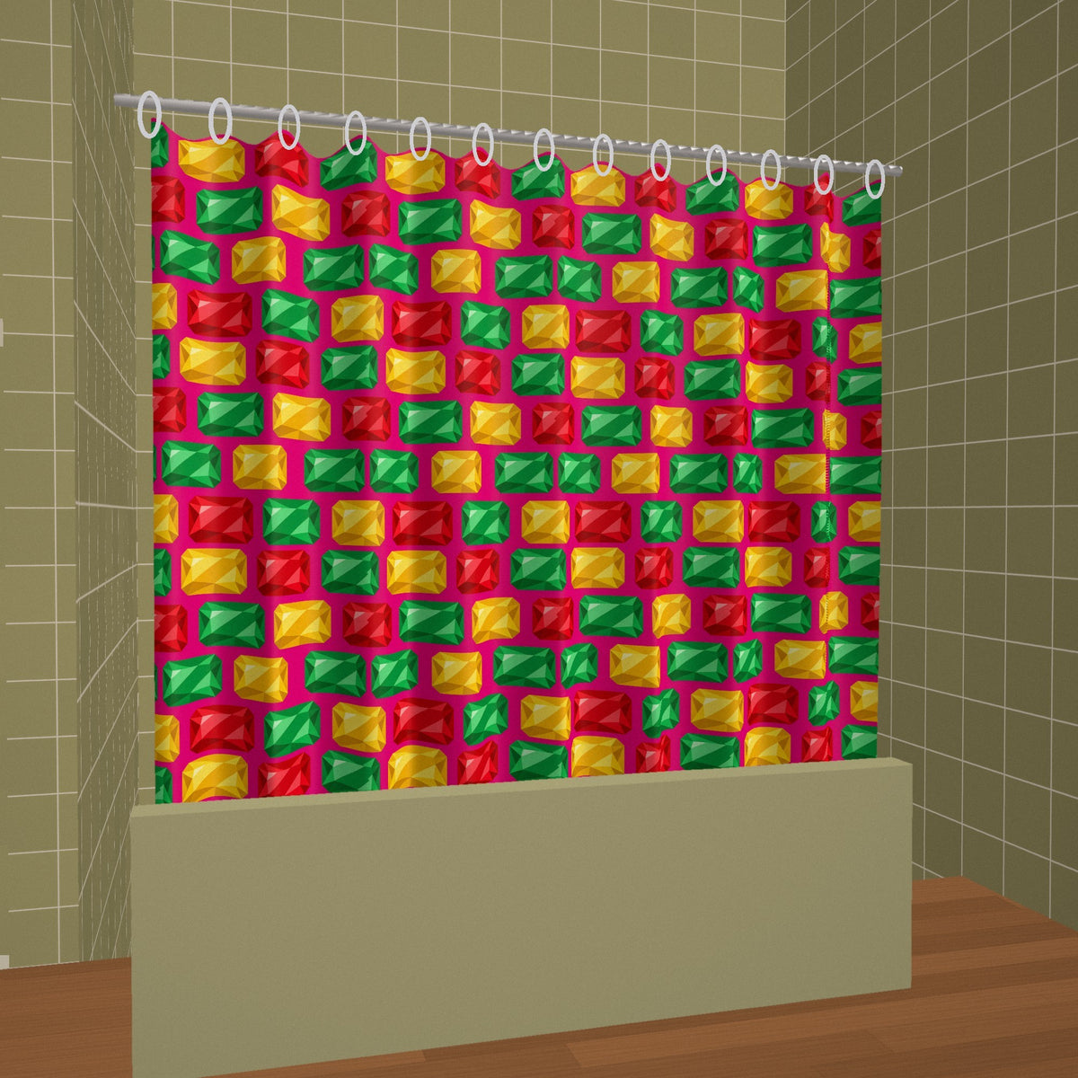 Big Stacked Gem Bars Shower Curtain hanging in a styled bathroom