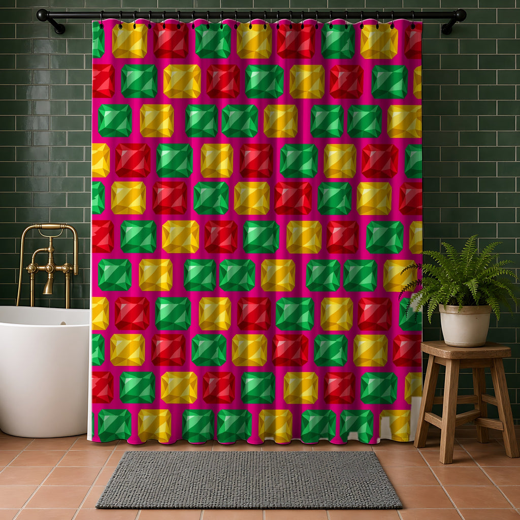 Big Stacked Gem Bars Shower Curtain in a bathroom with dark green tiles