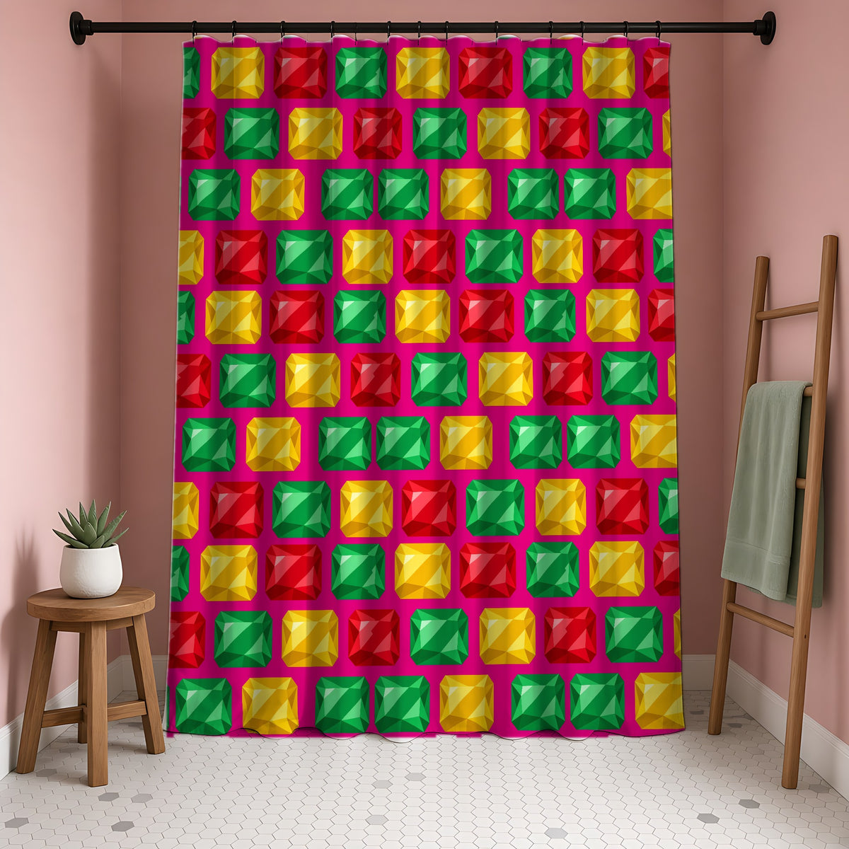 Big Stacked Gem Bars Shower Curtain in a blush-pink bathroom