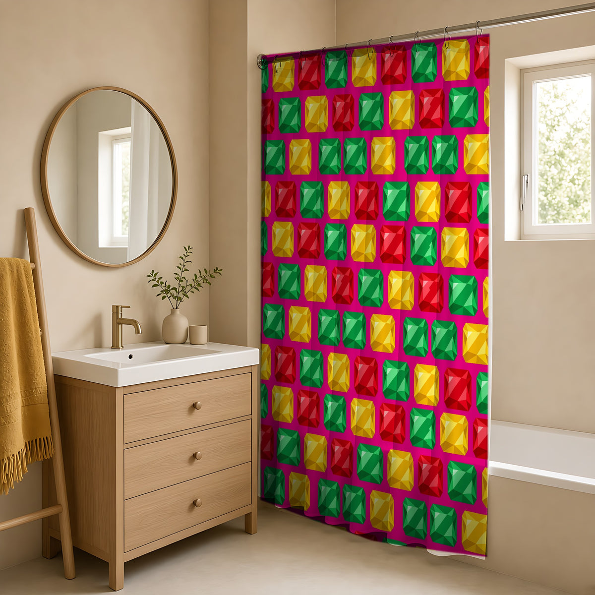 Big Stacked Gem Bars Shower Curtain in a warm neutral bathroom with an oak vanity