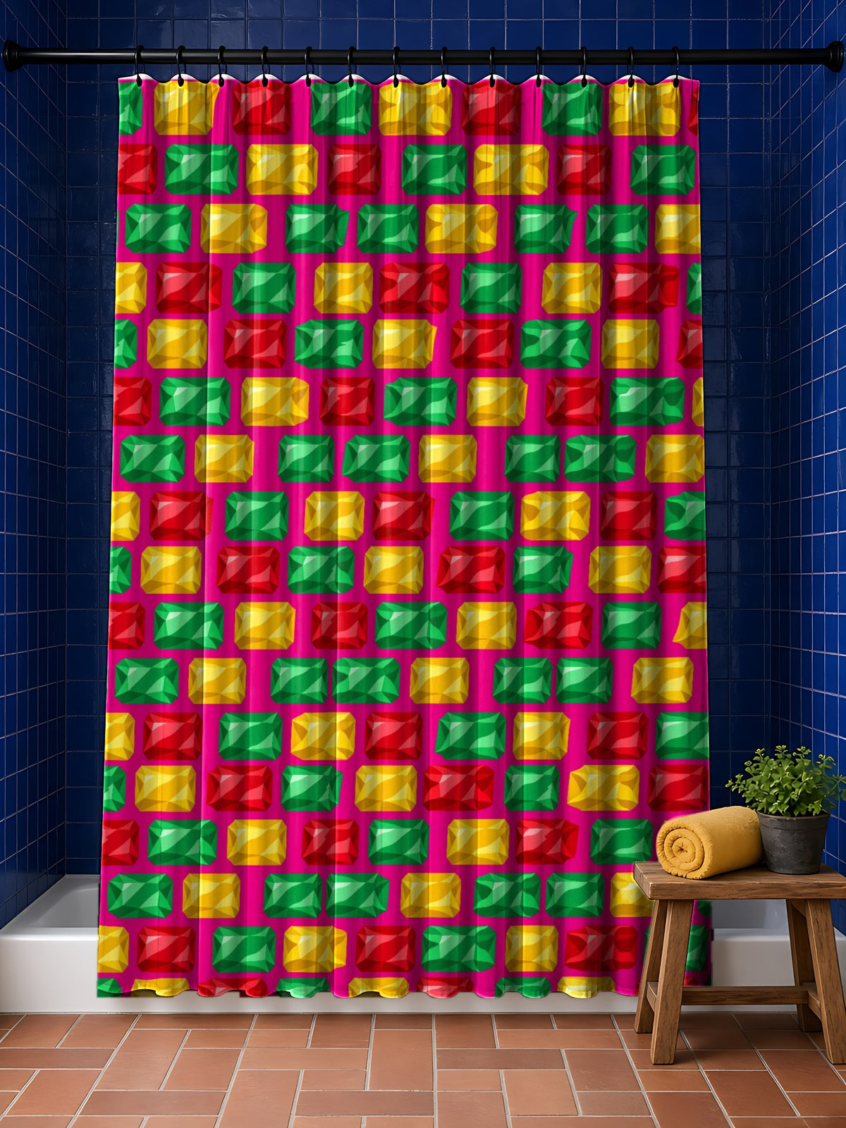 Big Stacked Gem Bars shower curtain in the Christmas Jewel Bright palette, hanging in a bathroom with cobalt tiles and a terracotta floor