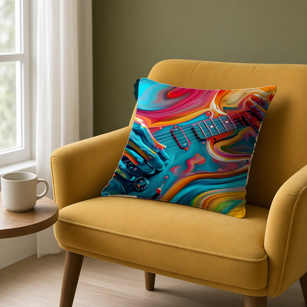 Psychedelic Guitar Hands Faux Suede Cushion on a mustard armchair by a window