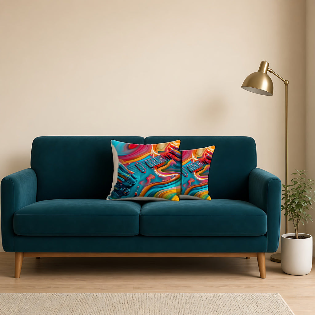 Psychedelic Guitar Hands Faux Suede Cushion on a teal velvet sofa