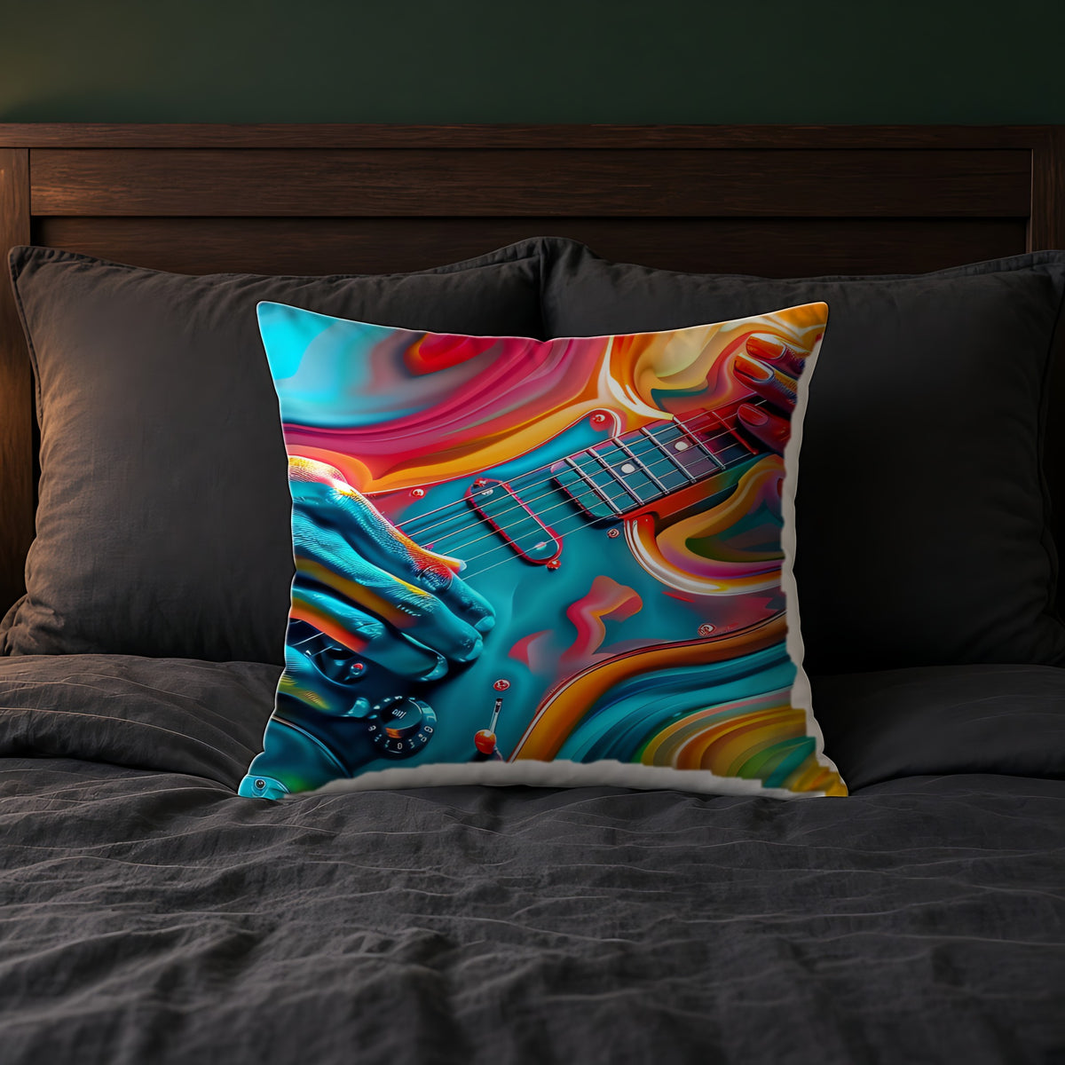 Psychedelic Guitar Hands Faux Suede Cushion on a bed with charcoal bedding