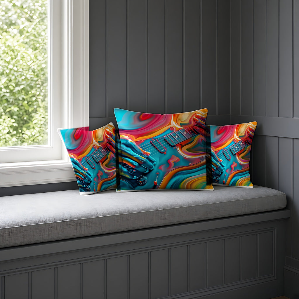 Psychedelic Guitar Hands Faux Suede Cushion on a window seat
