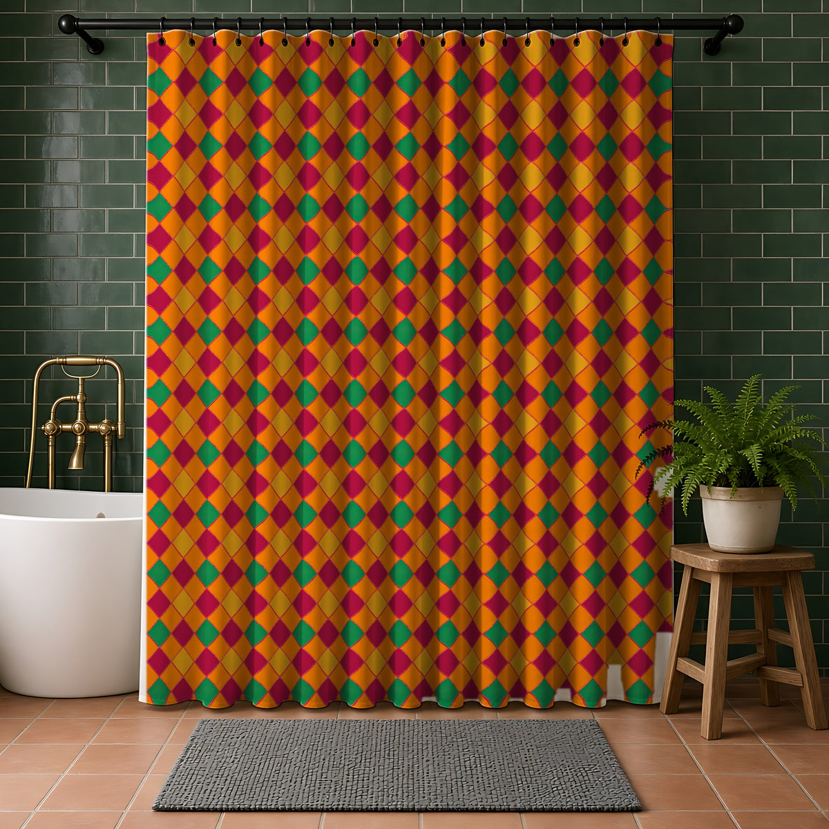 Jewel Harlequin Check Shower Curtain in a bathroom with dark green tiles
