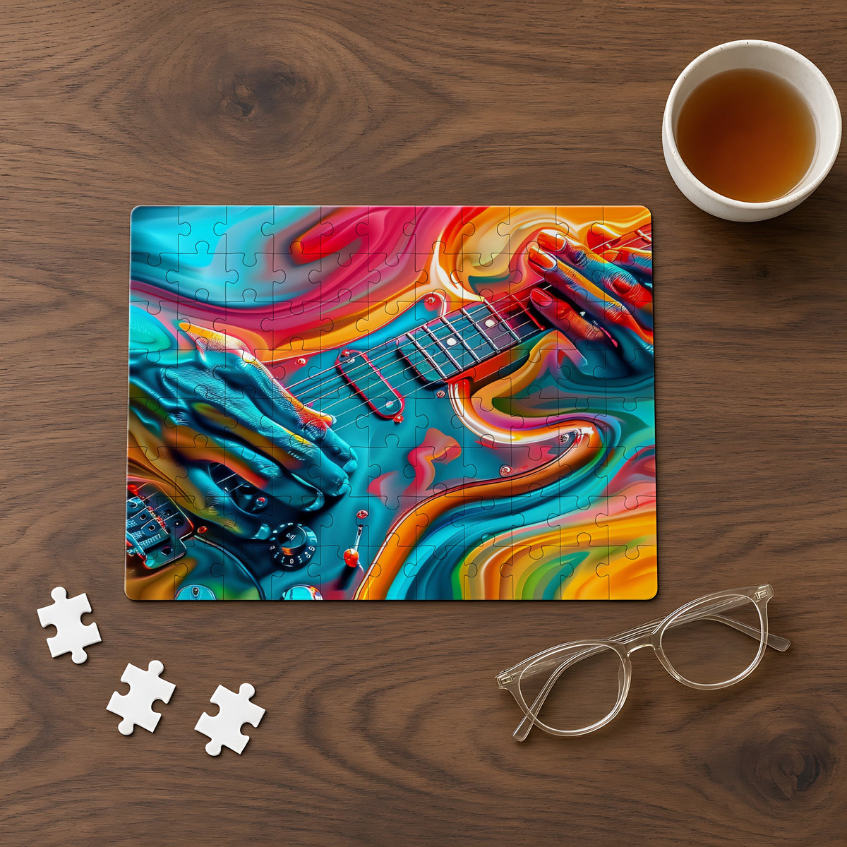 Psychedelic Guitar Hands Jigsaw Puzzle with Tin completed on a walnut table