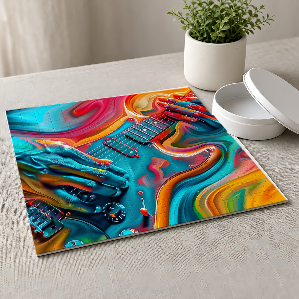 Psychedelic Guitar Hands Jigsaw Puzzle with Tin completed on a linen tablecloth