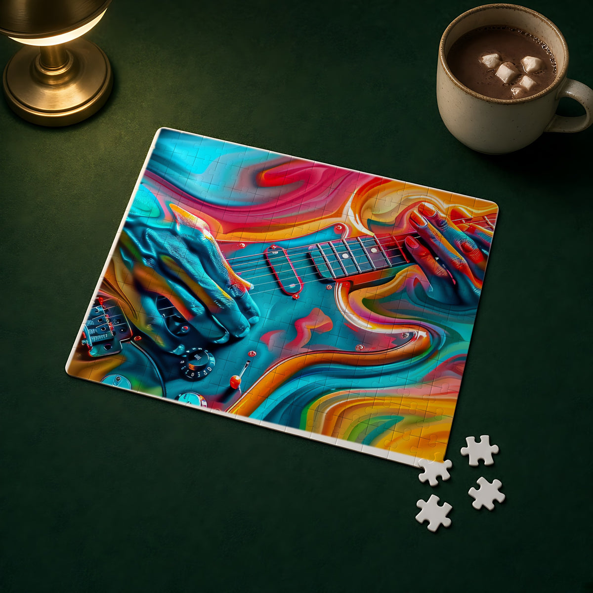 Psychedelic Guitar Hands Jigsaw Puzzle with Tin completed on a green games table