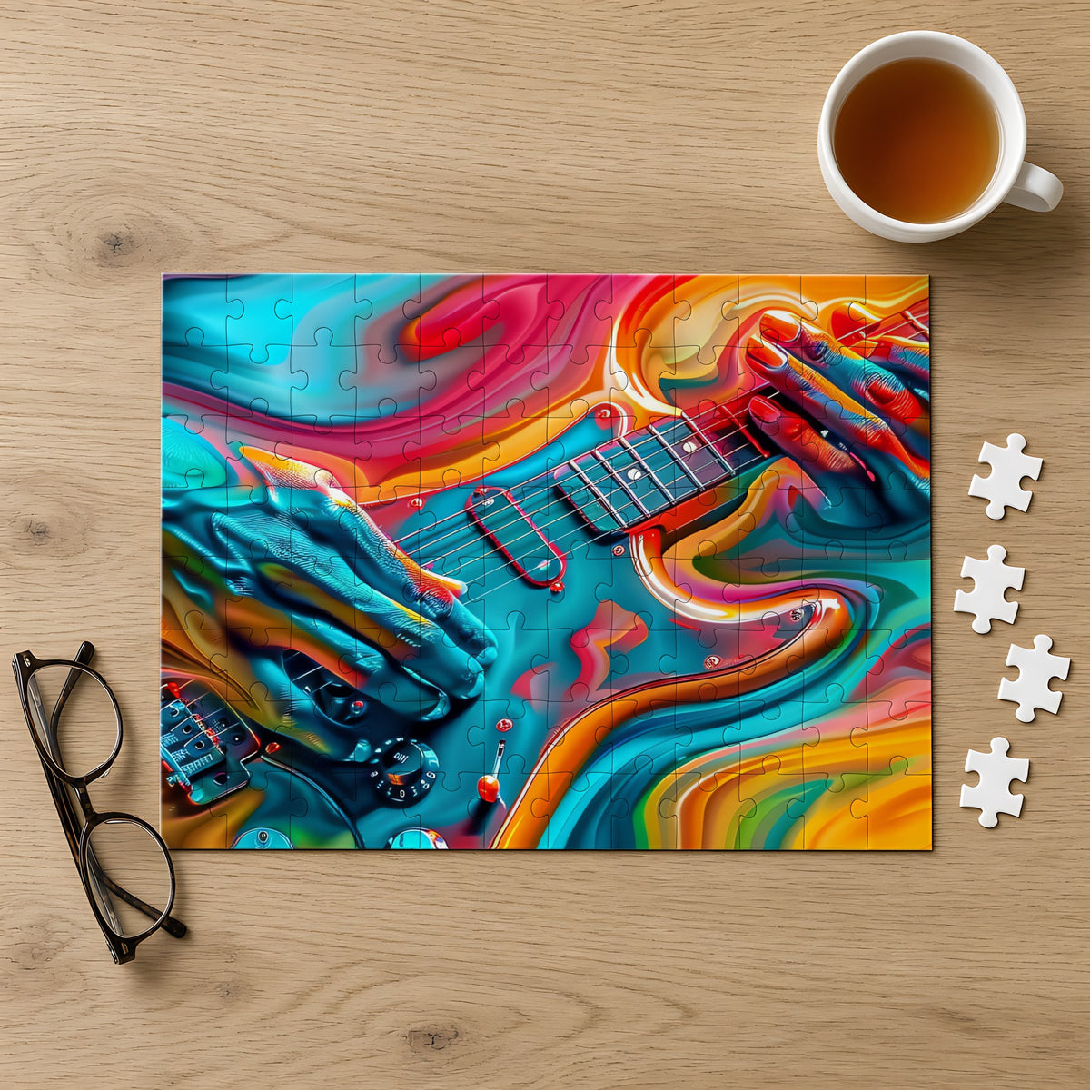 Psychedelic Guitar Hands Jigsaw Puzzle with Tin completed on a light oak table with a cup of tea