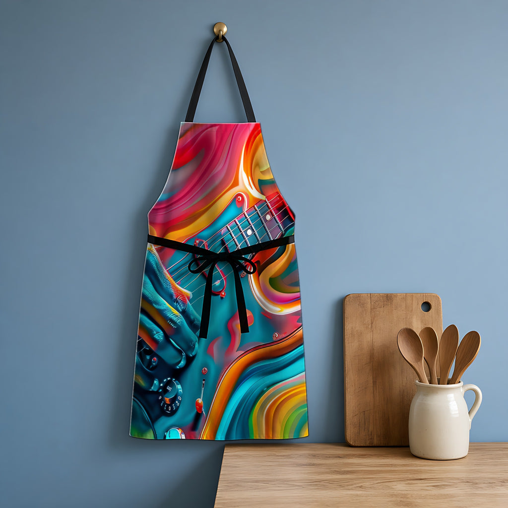 Psychedelic Guitar Hands Apron hanging in a blue kitchen
