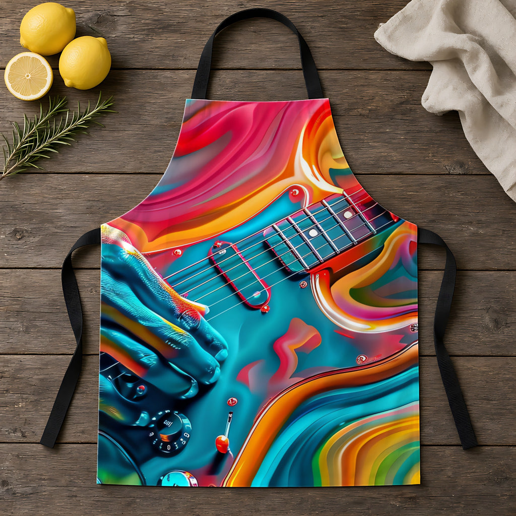 Psychedelic Guitar Hands Apron laid flat on a rustic wooden table