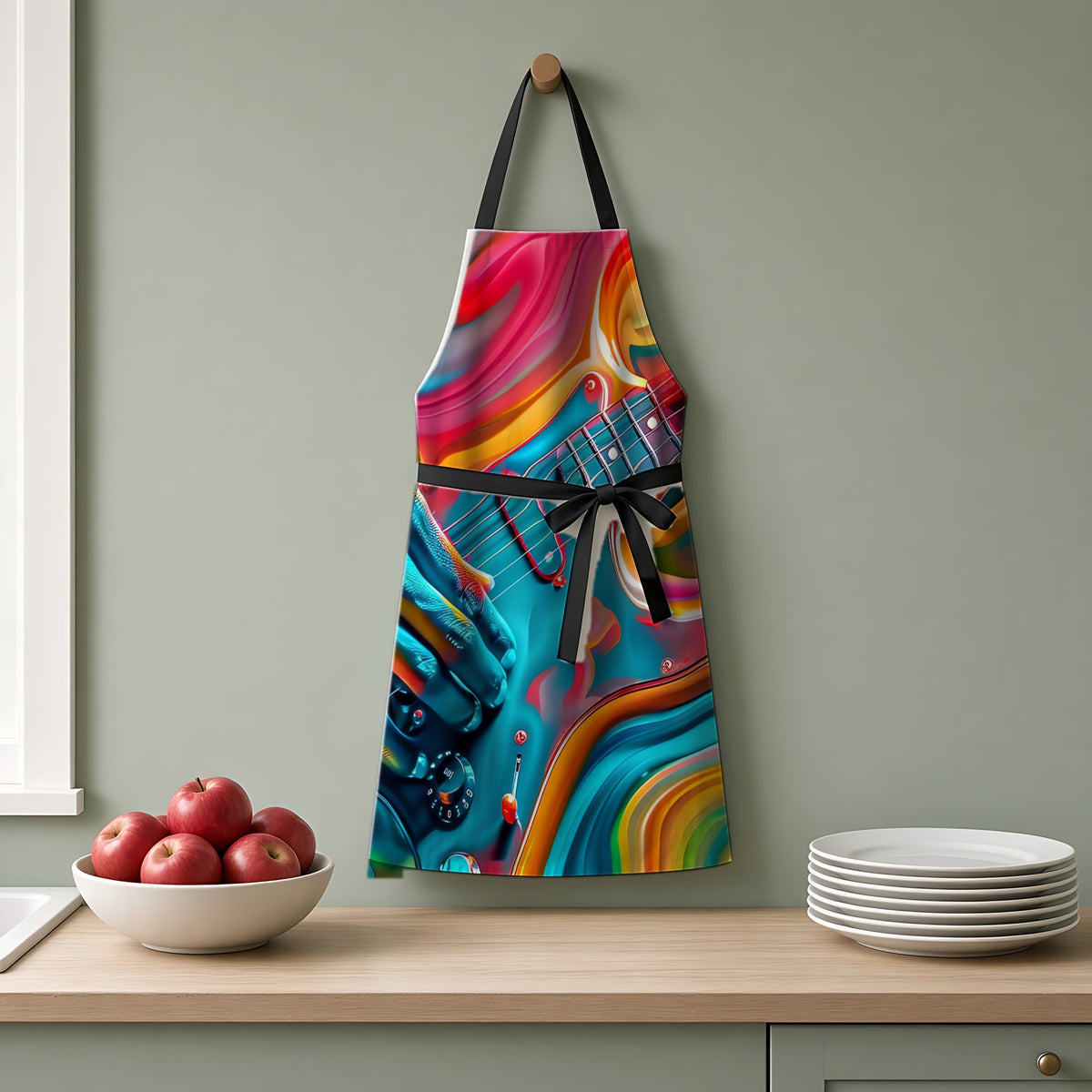 Psychedelic Guitar Hands Apron hanging on a sage-green kitchen wall