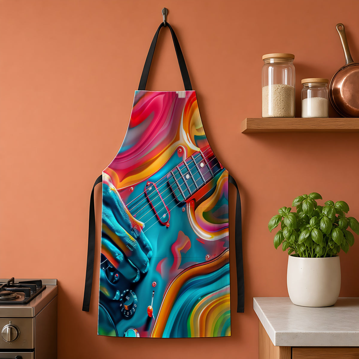 Psychedelic Guitar Hands Apron hanging on a terracotta kitchen wall