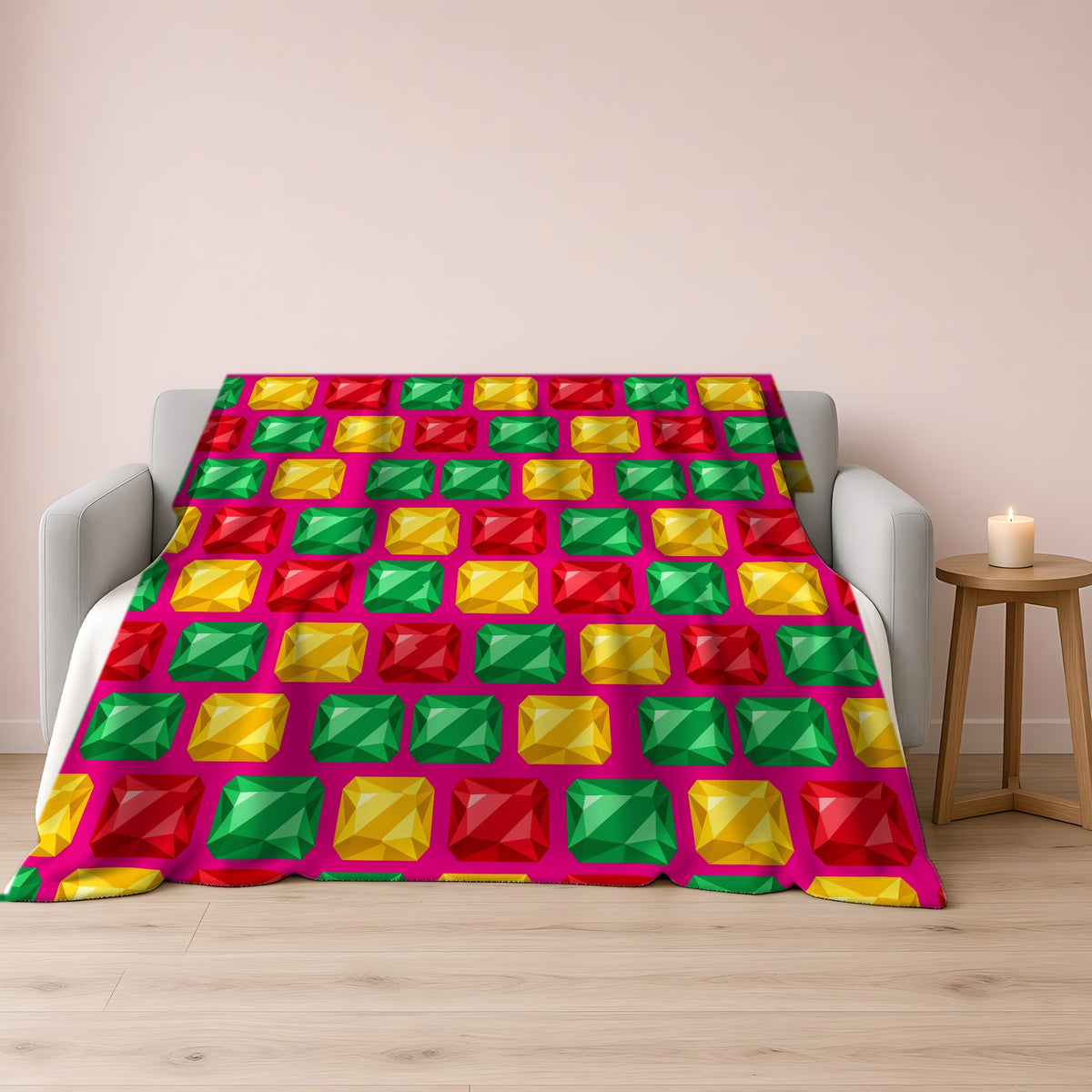 Big Stacked Gem Bars Sherpa Fleece Blanket draped over a grey sofa