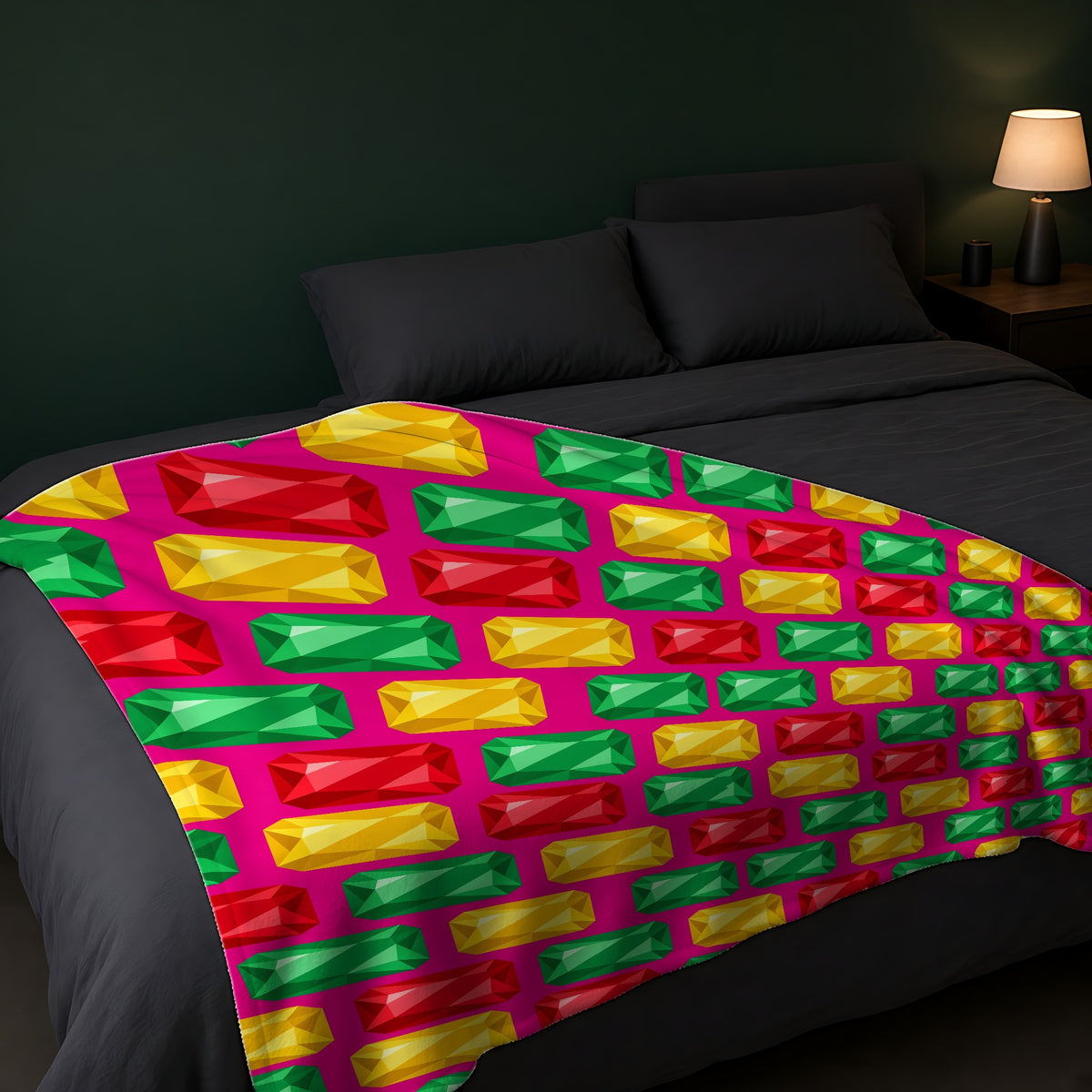 Big Stacked Gem Bars Sherpa Fleece Blanket across the foot of a dark bed