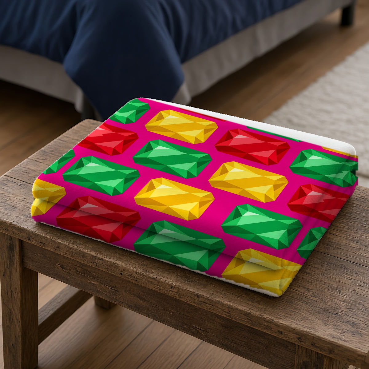 Big Stacked Gem Bars Sherpa Fleece Blanket folded on a wooden bench