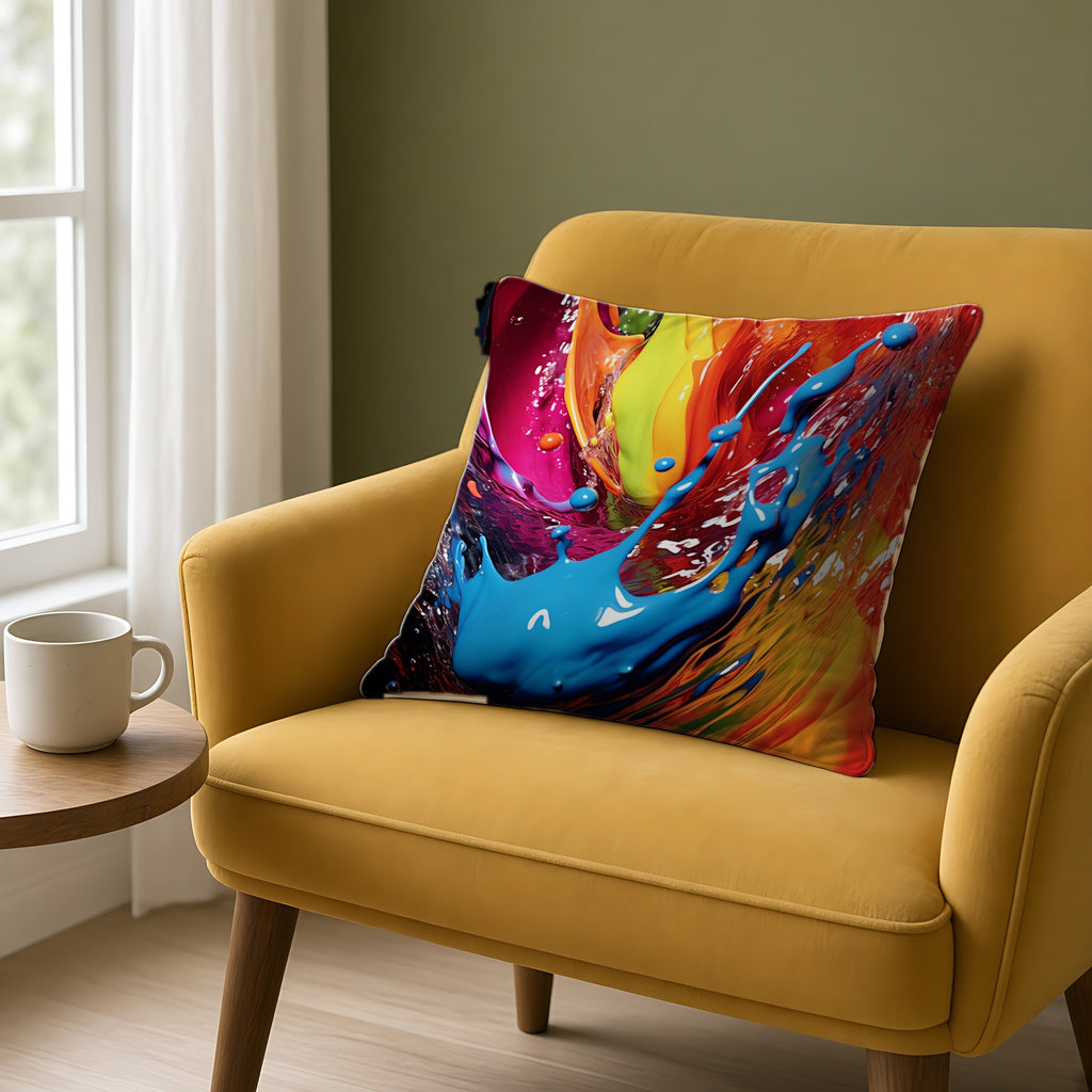 Paint Splash Wave Faux Suede Cushion on a mustard armchair by a window