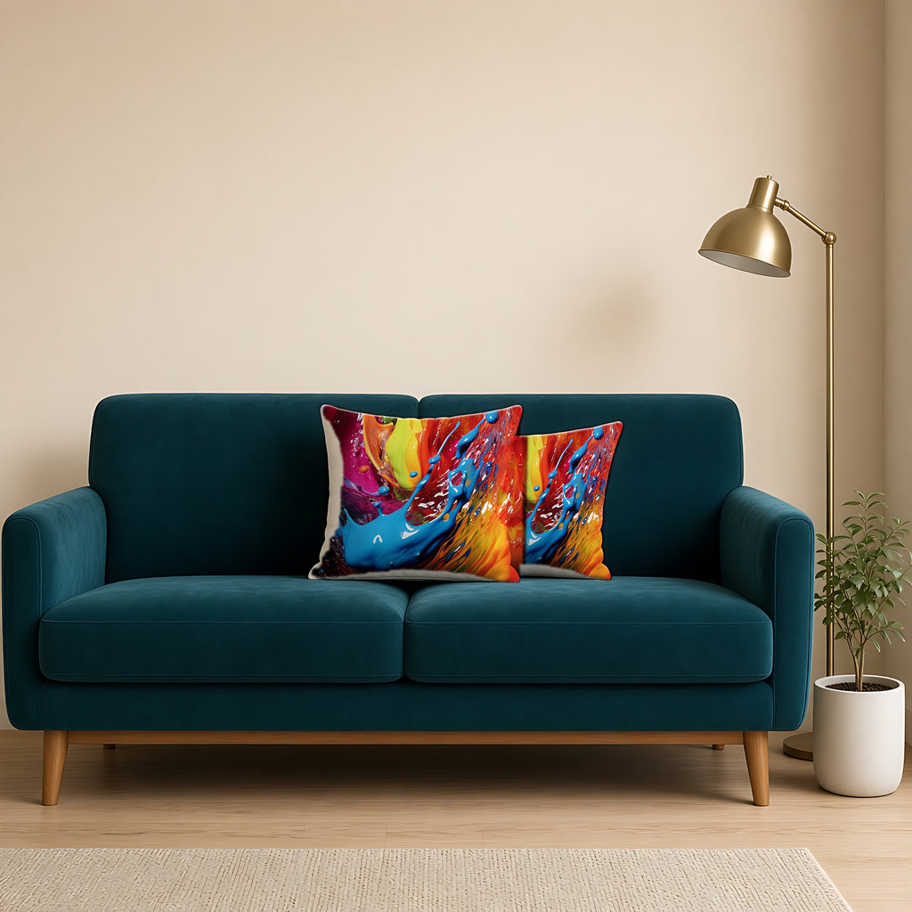 Paint Splash Wave Faux Suede Cushion on a teal velvet sofa