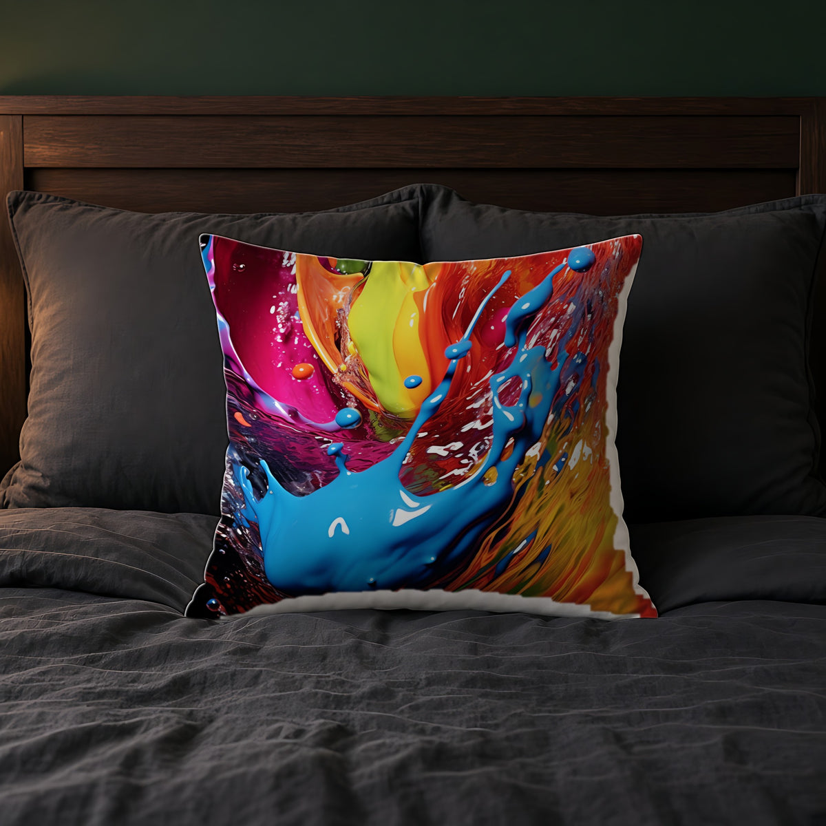 Paint Splash Wave Faux Suede Cushion on a bed with charcoal bedding