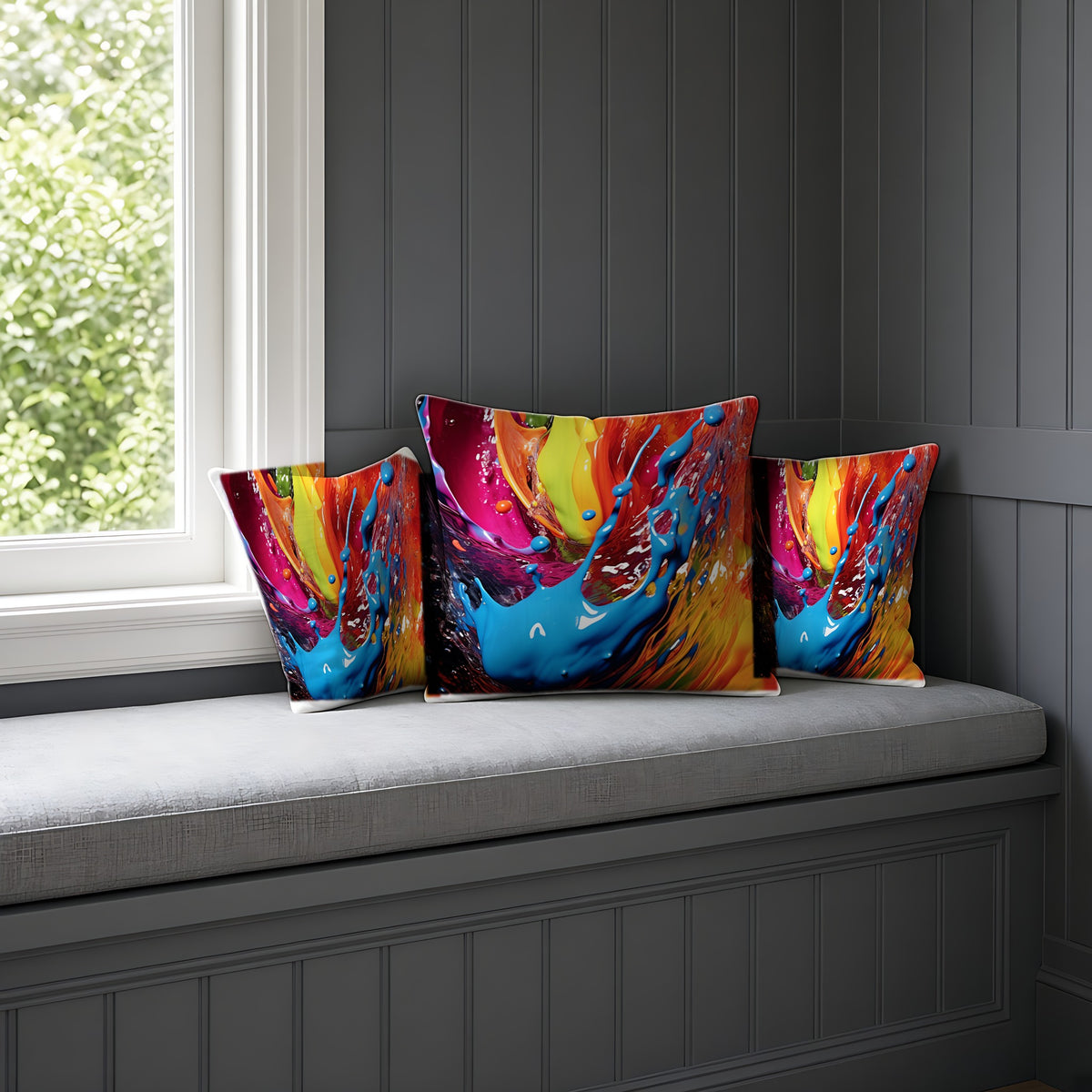 Paint Splash Wave Faux Suede Cushion on a window seat