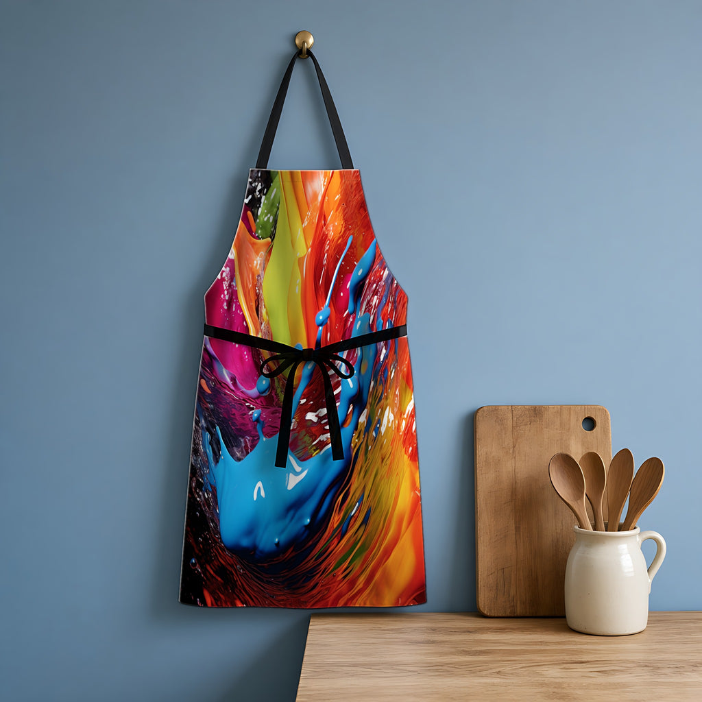 Paint Splash Wave Apron hanging in a blue kitchen