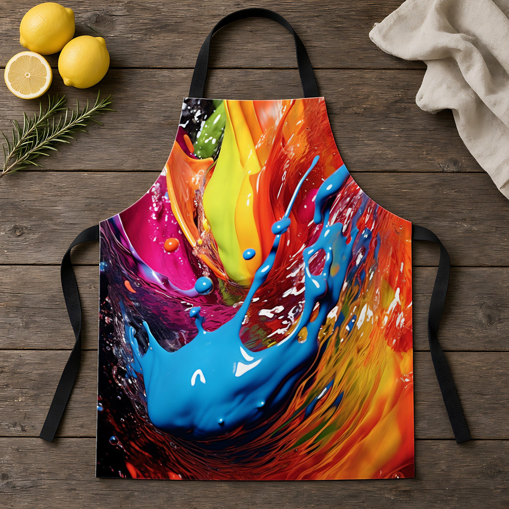 Paint Splash Wave Apron laid flat on a rustic wooden table