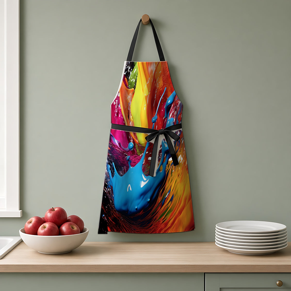 Paint Splash Wave Apron hanging on a sage-green kitchen wall