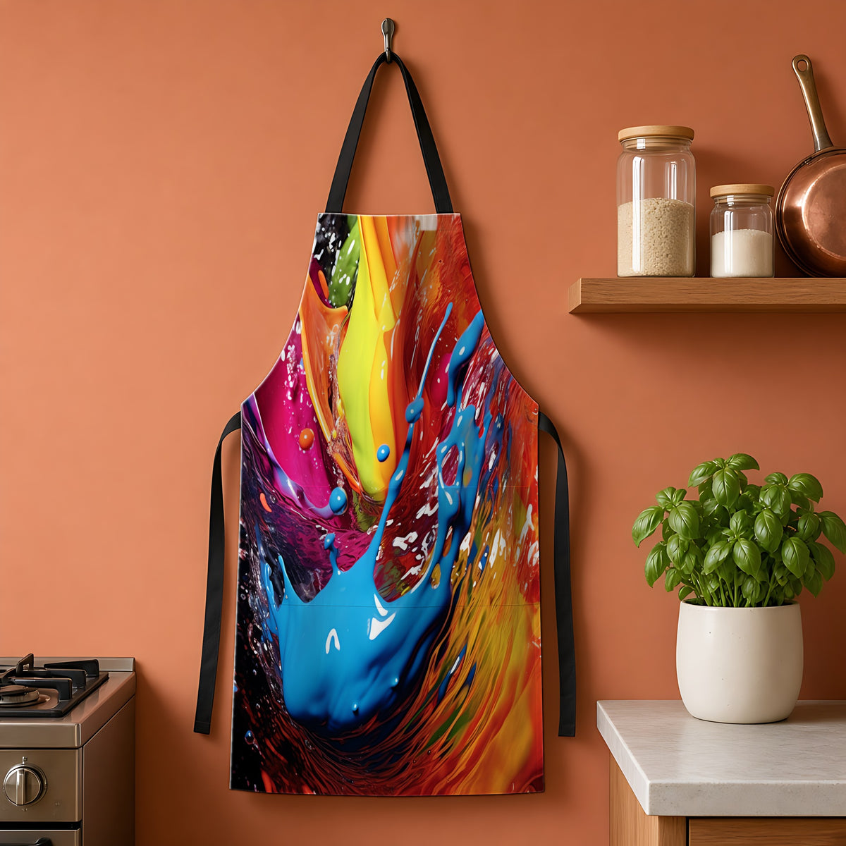 Paint Splash Wave Apron hanging on a terracotta kitchen wall