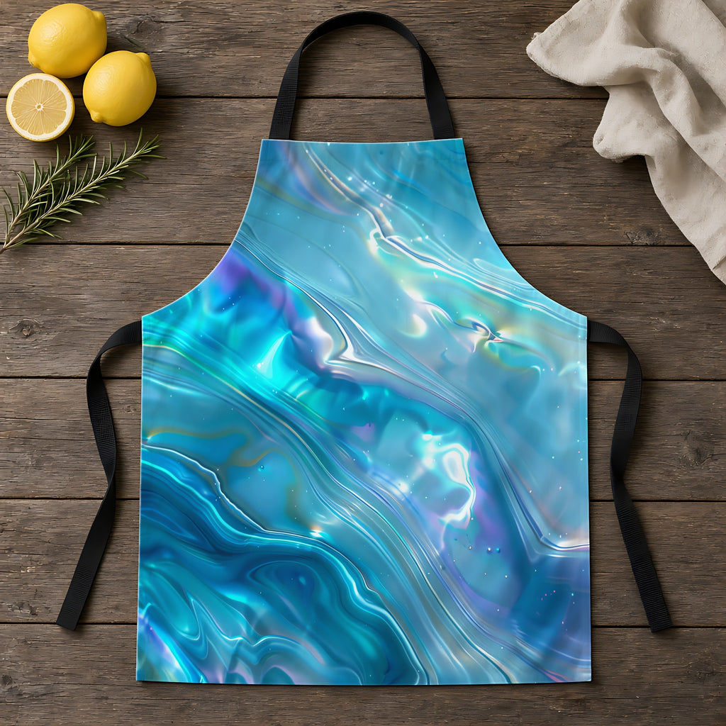 Aqua Holographic Ripple Apron laid flat on a rustic wooden table