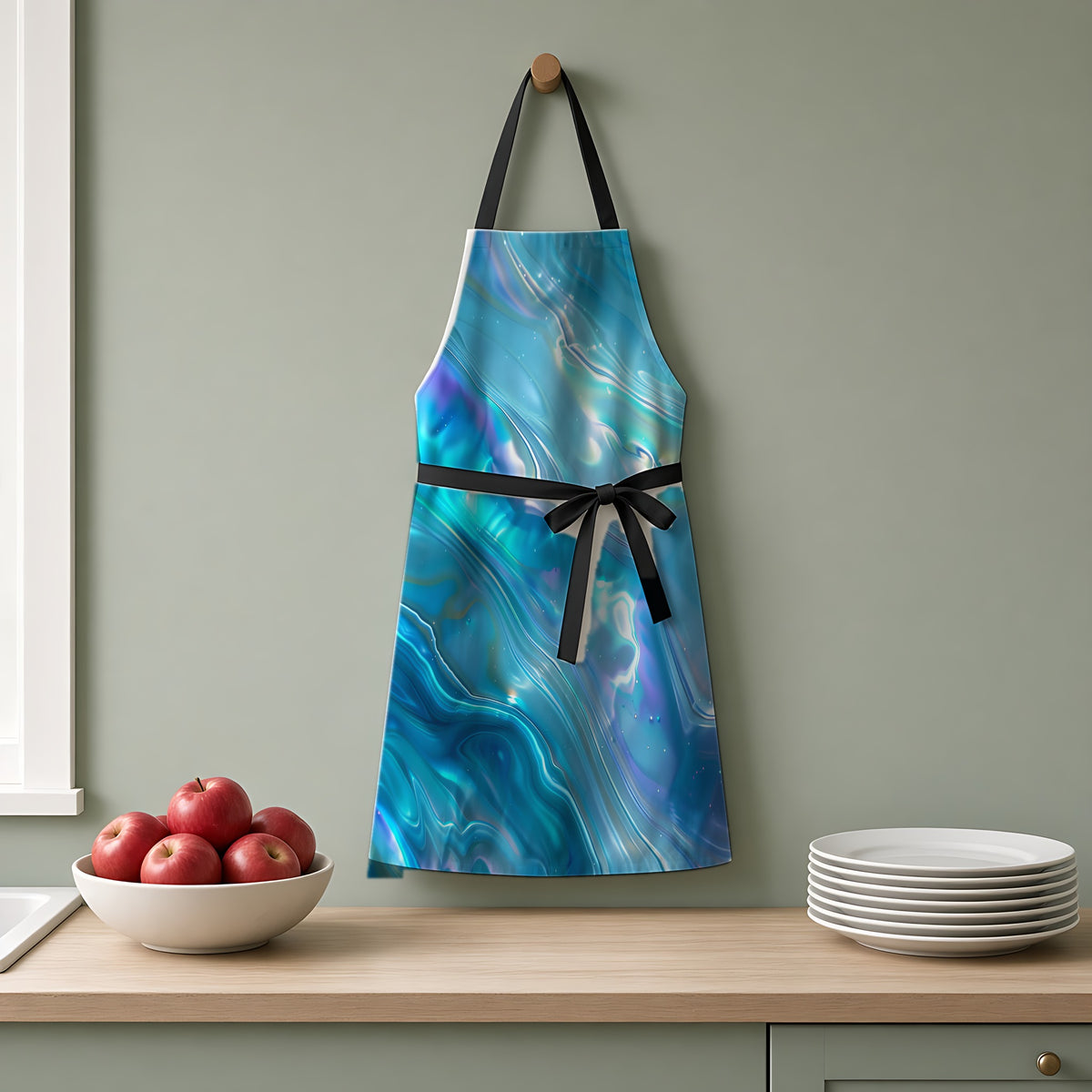 Aqua Holographic Ripple Apron hanging on a sage-green kitchen wall